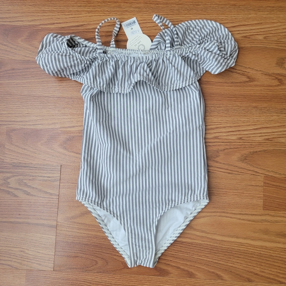 Rylee + Cru Gray Striped Kids Swim One Piece